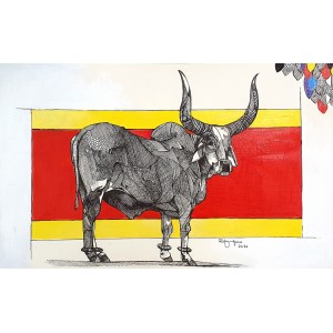 Rafique Somroo, 12 x 20, Mixed Media on Paper, Animals Paintings, AC-RSO-013